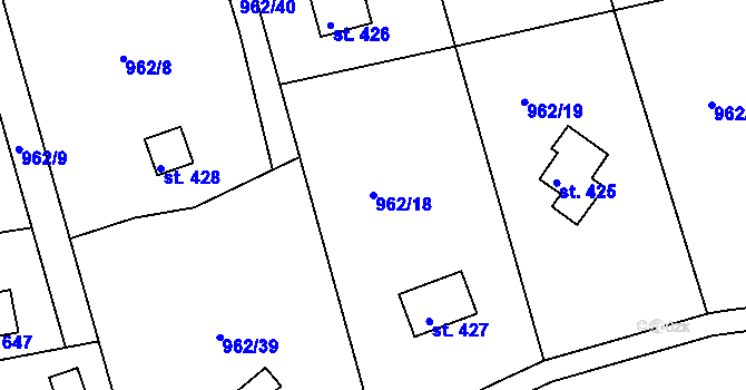 Parcela st. 962/18 v KÚ Pyšely, Katastrální mapa