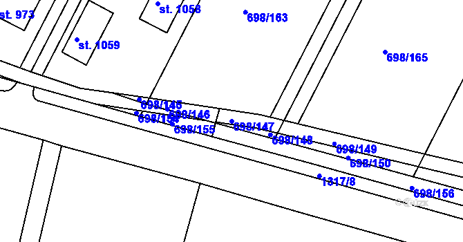 Parcela st. 698/147 v KÚ Pyšely, Katastrální mapa