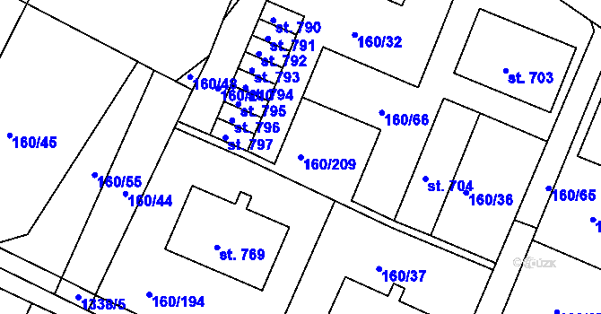 Parcela st. 160/209 v KÚ Pyšely, Katastrální mapa