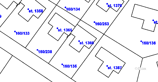 Parcela st. 1366 v KÚ Pyšely, Katastrální mapa