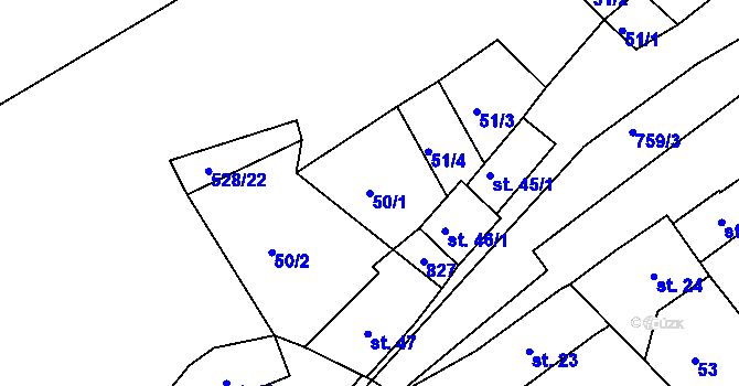 Parcela st. 50/1 v KÚ Rabštejn nad Střelou, Katastrální mapa