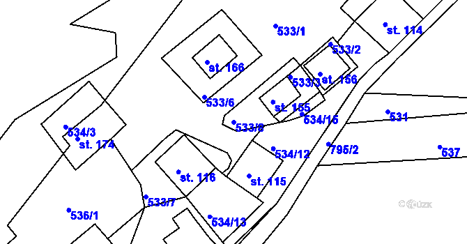 Parcela st. 533/8 v KÚ Rabštejn nad Střelou, Katastrální mapa