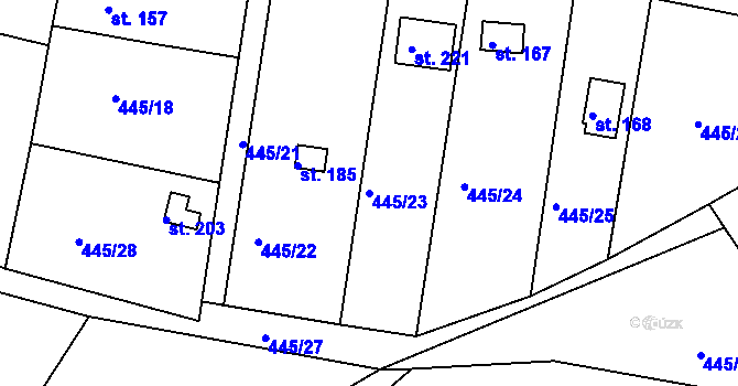 Parcela st. 445/23 v KÚ Smrkový Týnec, Katastrální mapa