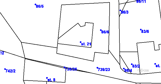 Parcela st. 21 v KÚ Kunětice, Katastrální mapa