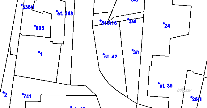 Parcela st. 42 v KÚ Kunětice, Katastrální mapa