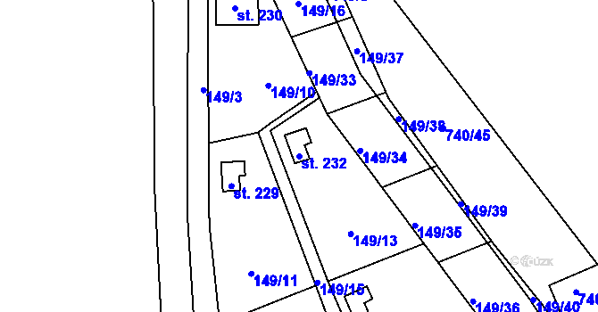 Parcela st. 232 v KÚ Kunětice, Katastrální mapa