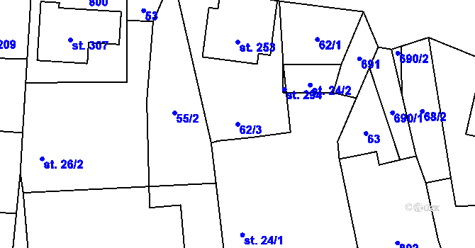 Parcela st. 62/3 v KÚ Kunětice, Katastrální mapa