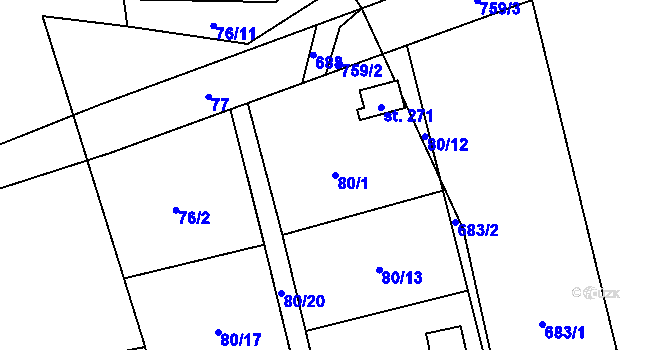 Parcela st. 80/1 v KÚ Kunětice, Katastrální mapa