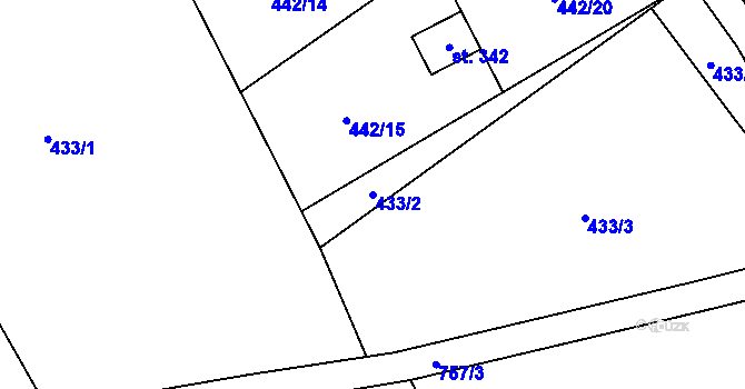 Parcela st. 433/2 v KÚ Kunětice, Katastrální mapa
