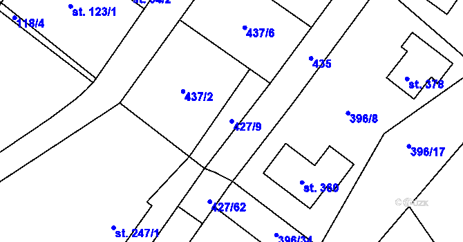 Parcela st. 427/9 v KÚ Ráby, Katastrální mapa