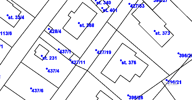 Parcela st. 427/19 v KÚ Ráby, Katastrální mapa