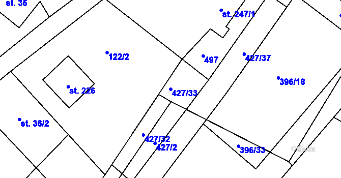 Parcela st. 427/33 v KÚ Ráby, Katastrální mapa