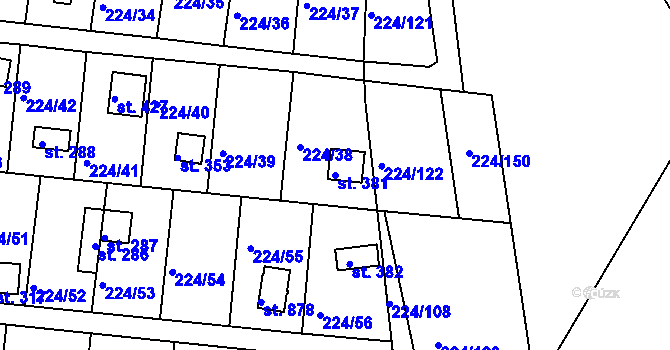 Parcela st. 381 v KÚ Rabyně, Katastrální mapa