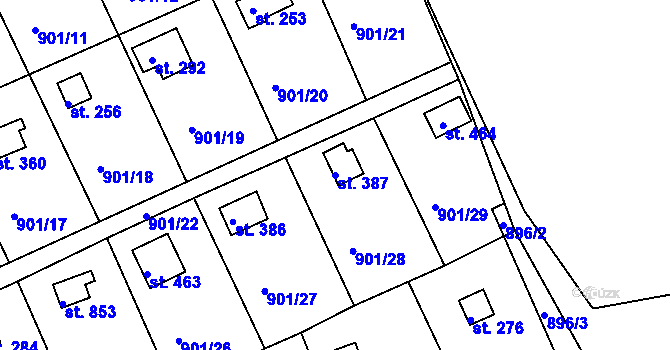 Parcela st. 387 v KÚ Rabyně, Katastrální mapa