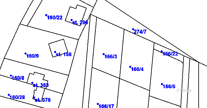 Parcela st. 166/3 v KÚ Rabyně, Katastrální mapa
