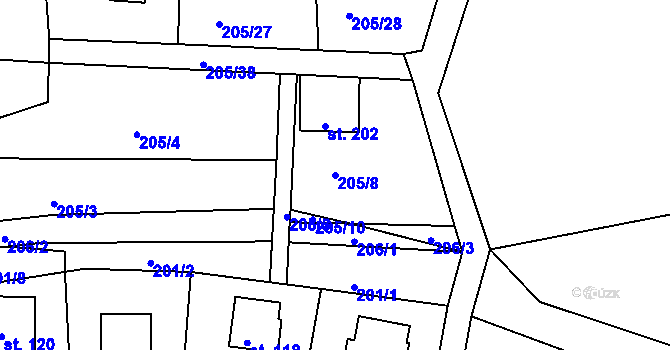 Parcela st. 205/8 v KÚ Rabyně, Katastrální mapa