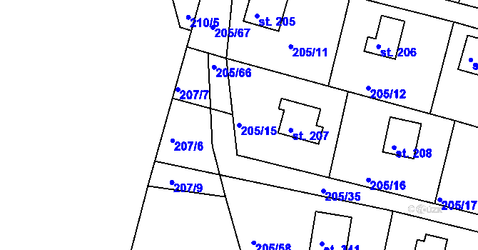 Parcela st. 205/15 v KÚ Rabyně, Katastrální mapa