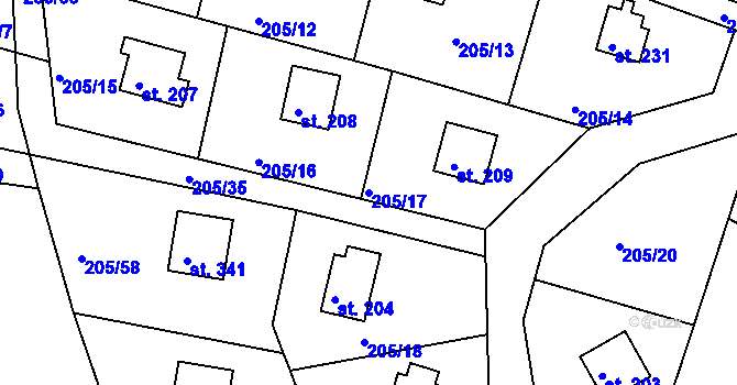 Parcela st. 205/17 v KÚ Rabyně, Katastrální mapa