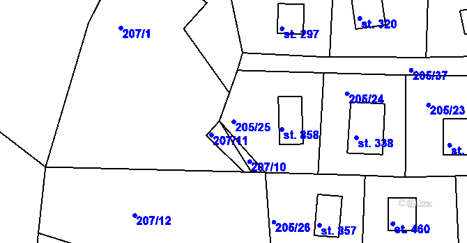 Parcela st. 205/25 v KÚ Rabyně, Katastrální mapa
