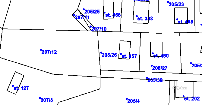 Parcela st. 205/26 v KÚ Rabyně, Katastrální mapa