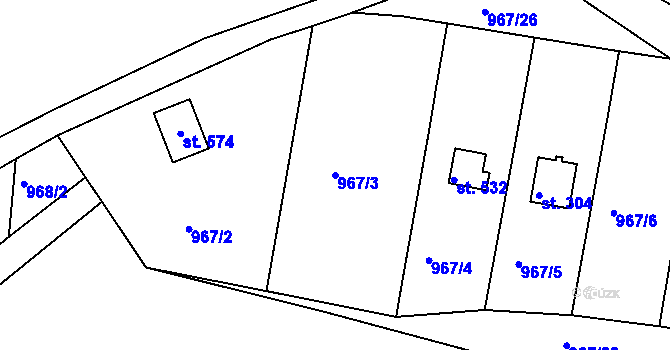 Parcela st. 967/3 v KÚ Rabyně, Katastrální mapa