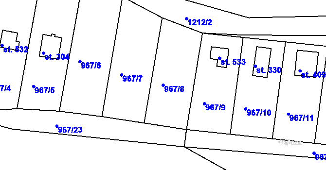 Parcela st. 967/8 v KÚ Rabyně, Katastrální mapa