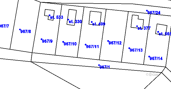 Parcela st. 967/11 v KÚ Rabyně, Katastrální mapa
