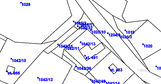 Parcela st. 1042/13 v KÚ Rabyně, Katastrální mapa
