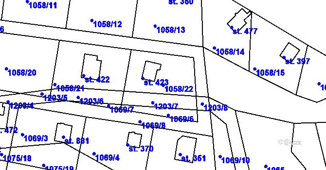 Parcela st. 1058/22 v KÚ Rabyně, Katastrální mapa