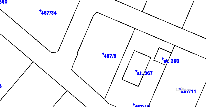 Parcela st. 467/9 v KÚ Racková, Katastrální mapa