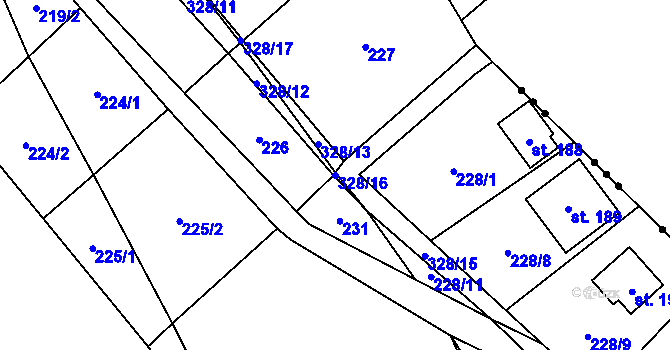 Parcela st. 328/16 v KÚ Račice nad Berounkou, Katastrální mapa
