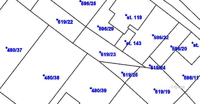 Parcela st. 619/23 v KÚ Račice u Štětí, Katastrální mapa