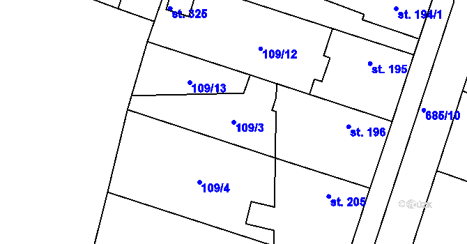 Parcela st. 109/3 v KÚ Račiněves, Katastrální mapa