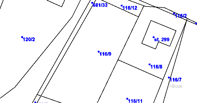 Parcela st. 116/9 v KÚ Račiněves, Katastrální mapa