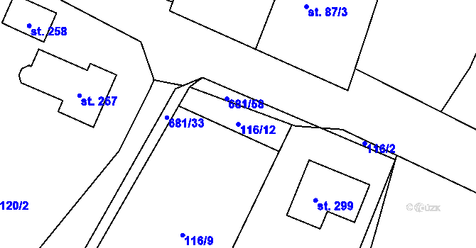 Parcela st. 116/12 v KÚ Račiněves, Katastrální mapa