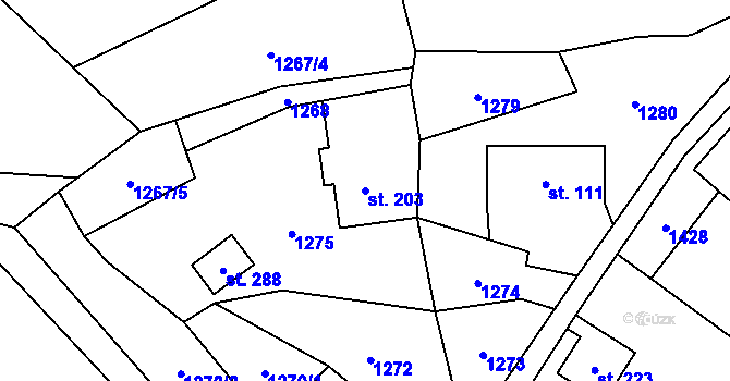 Parcela st. 203 v KÚ Radčice, Katastrální mapa
