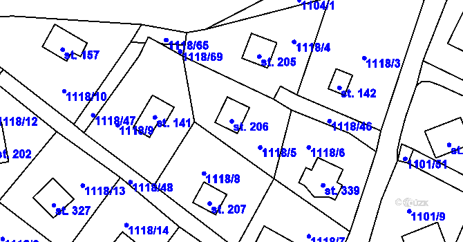 Parcela st. 206 v KÚ Radíč, Katastrální mapa