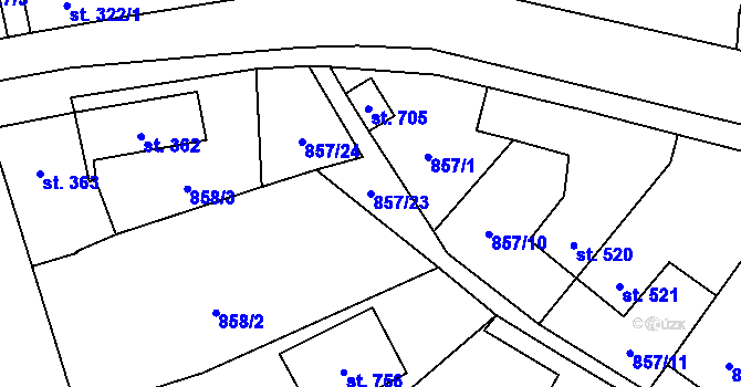 Parcela st. 857/23 v KÚ Radnice u Rokycan, Katastrální mapa