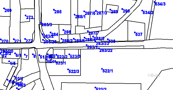 Parcela st. 283/1 v KÚ Radonice u Kadaně, Katastrální mapa