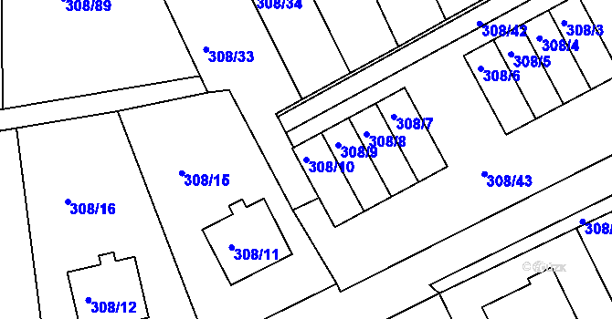 Parcela st. 308/10 v KÚ Radonice u Kadaně, Katastrální mapa