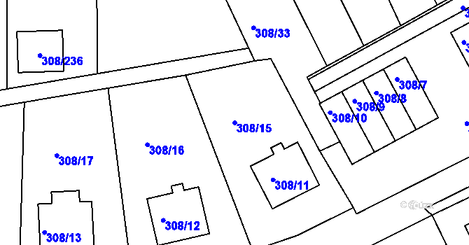 Parcela st. 308/15 v KÚ Radonice u Kadaně, Katastrální mapa