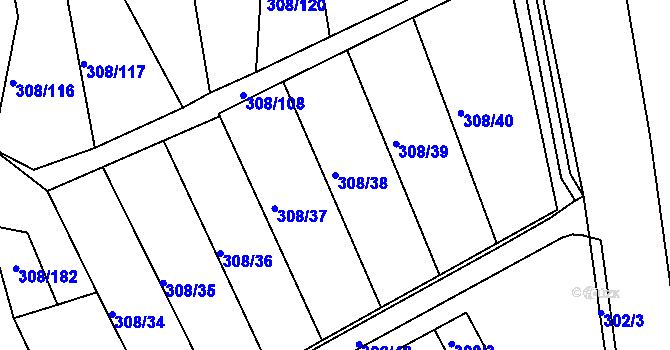 Parcela st. 308/38 v KÚ Radonice u Kadaně, Katastrální mapa