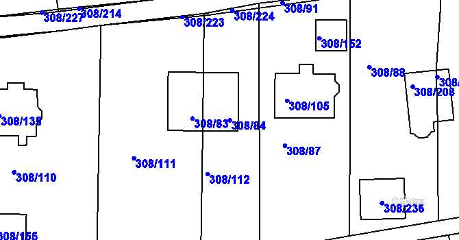 Parcela st. 308/84 v KÚ Radonice u Kadaně, Katastrální mapa