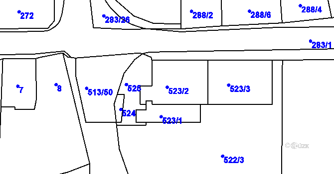 Parcela st. 523/2 v KÚ Radonice u Kadaně, Katastrální mapa