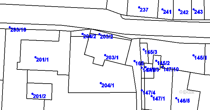 Parcela st. 203/1 v KÚ Radonice u Kadaně, Katastrální mapa