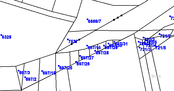 Parcela st. 697/16 v KÚ Radostice u Brna, Katastrální mapa