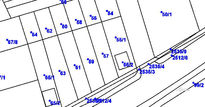 Parcela st. 57 v KÚ Radotín, Katastrální mapa