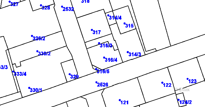 Parcela st. 316 v KÚ Radotín, Katastrální mapa