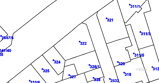 Parcela st. 322 v KÚ Radotín, Katastrální mapa