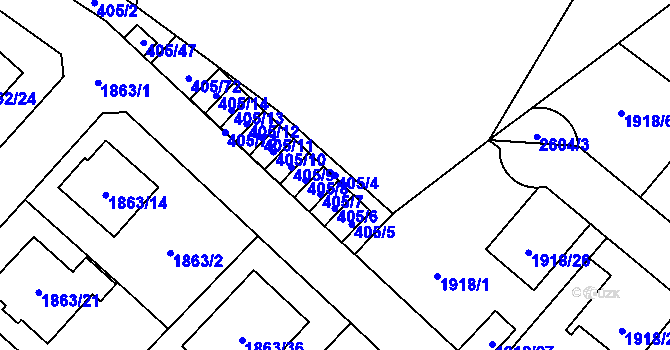 Parcela st. 405/4 v KÚ Radotín, Katastrální mapa